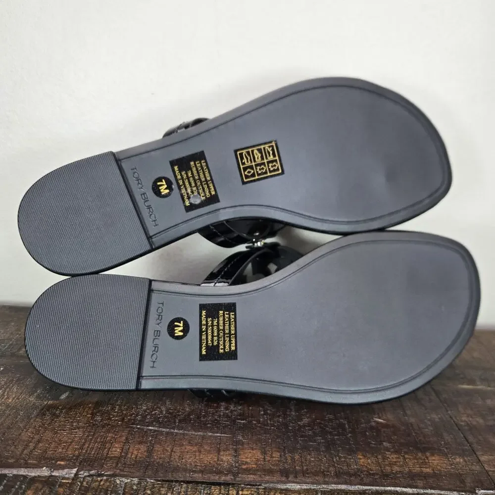 NEW Tory Burch Miller Patent Leather Womens Size 7 Logo Sandals Flip Flops Black